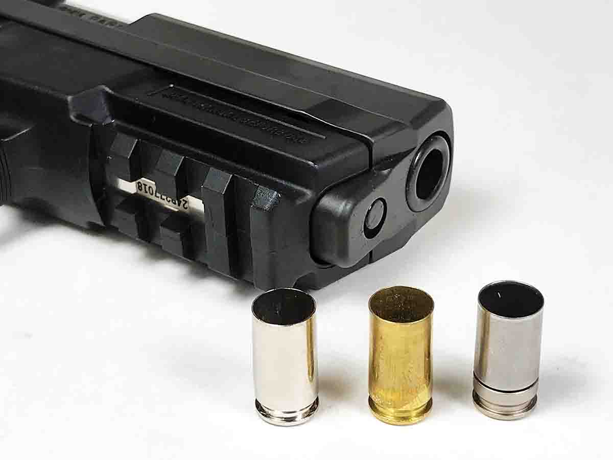 Nickel-plated SIG (left), plain brass Winchester (center) and NAS3 (right) cases developed very similar velocities loaded with Speer 115-grain bullets and Blue Dot and Power Pistol powders shot from a SIG Sauer SP2022.